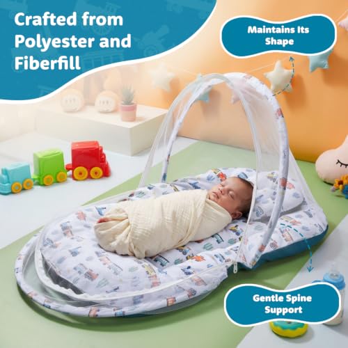 Image of Amazon Brand - Supples Baby Bed Mattress with Mosquito net | Toy Vehicle Print | Blue