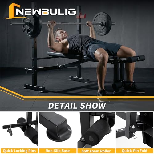 Image of NEWBULIG Adjustable Weight Bench Set, 650 LBS Foldable Bench Press | Heavy Duty Full Body Strength Training Set with Leg Extension & Curl, Barbell Rack, for Home Gym