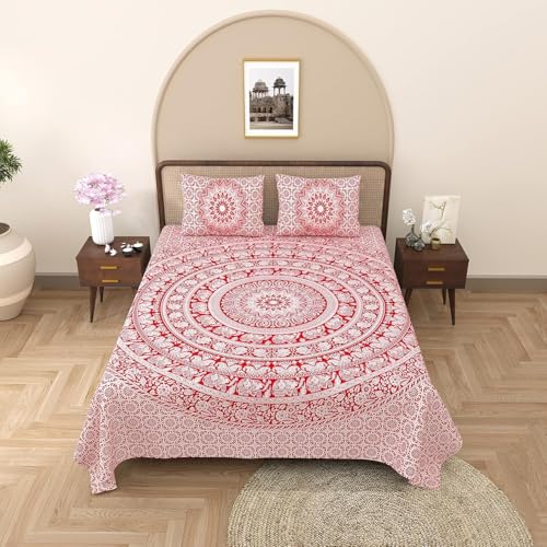 Image of Opulent Collection Double Bedsheet with 2 Pillow Cover | 100% Cotton Bedsheets for Double Bed | Handloom Bedsheet | Size 86x90 inches | King Size (90X102 Inches) (Cadmium Red, King)
