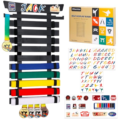 10 Belts Karate Belt Display Rack with Stickers, Taekwondo Belt Display Holder, Martial Arts Belt Display, No Assembly Required, BJJ Hanging Holder for Adult