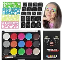 15 Colour Face Painting Kit, 91 Pattern Water Based Halloween Makeup Kit, Non Toxic Carnival Face Paint Palette Set, Washable Body Painting Kit, Body Paint Palette with Brush Stencil for Kids Adults