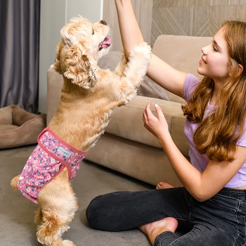 Image of Langsprit Washable Female Dog Diapers - Doggie Reusable Diapers for Doggy Puppy Female in Period - Highly Absorbent Dog Heat Panties Flower-1 S