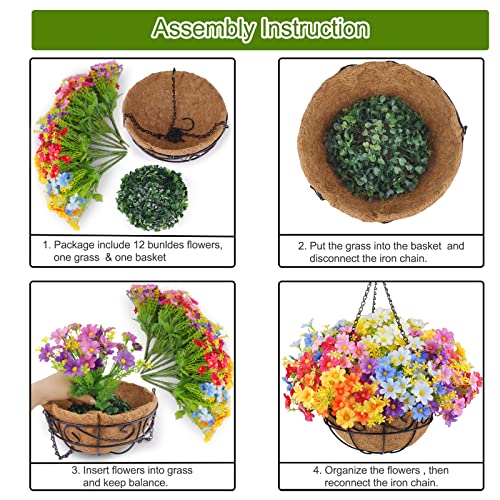 12 Bundles Artificial Flowers With Hanging Planter, Faux Plastic Fabric Hanging Flowers Daisy With 10" Hanging Basket Pot Coconut Lining Flowerpot For Outdoor Indoor Patio Lawn Garden Courtyard Décor #TOP5