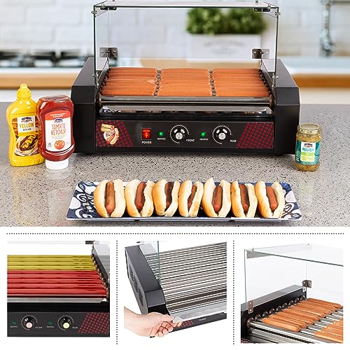 Image of Hot Dog Roller Machine with Cover - 1170W Stainless-Steel Cooker with 9 Rollers - 24 Hotdog Capacity Electric Grill by Great Northern Popcorn