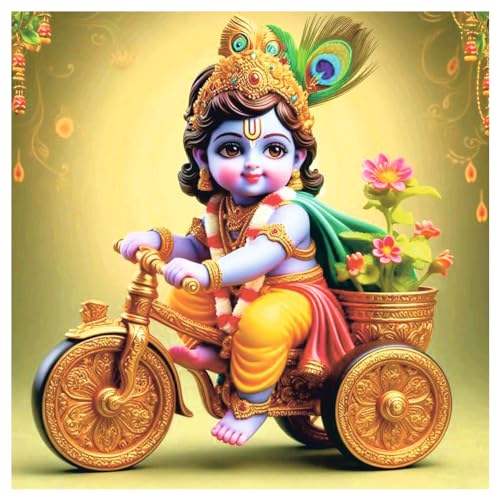 Image of Techgifti Blue Baby Krishna Cycle Wall Poster for Pooja Room, Office, Kids Room (Size- 46CM X 46CM)