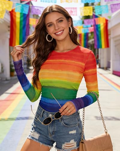 Image of MOUSYA Sheer Tops for Women Mesh Long Sleeve Top See Through Sexy Going Out Tee Summer Crewneck Party Undershirt