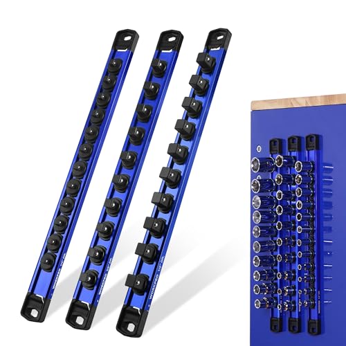 Image of WORKPRO Magnetic Socket Organizer Set, 1 /2 inch 3 /8 inch 1 /4 inch Drive Aluminum Alloy Socket Holder with Removable Socket Clip for Quick Customization, 3PC Socket Rail for Tool Box Drawer (Sockets Excluded)