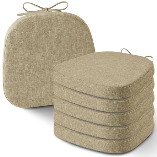 Image of AddGrace Set of 6 Chair Cushions for Metal Dining Chairs 14x14 Beige | Non Slip,Washable Removable Cover with Ties, Textured, for Kitchen Dining Room Indoor, Hard Wooden Chairs, Family Gathering
