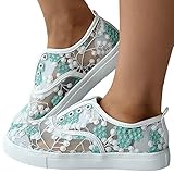 Sportschuhe Damen Fitnessstudio Sneaker Laufschuhe Sommerlich Atmungsaktiv Freizeitschuhe Mesh Hohle Sportschuhe Strass Blumen Plateau Shoes Low-Top Schuhe für Gehen Laufen Joggen Sports