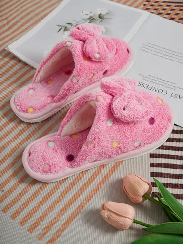 OYOANGLE Women's Bowknot Close Toe Fuzzy Slippers Polka Dots Flat Slip on Furry Slippers Indoor House Plush Slippers3