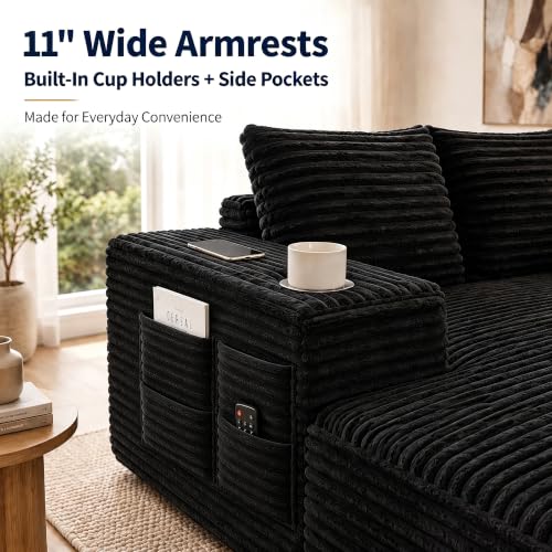 Image of 122 inch Oversized Cloud Sectional Couch for Living Room, 7 Seater U Shaped Sofa Modular Boneless Couch with Chaise | Deep Seater | Cup Holder | Side Pocket | No Assembly | Plus Corduroy, Black