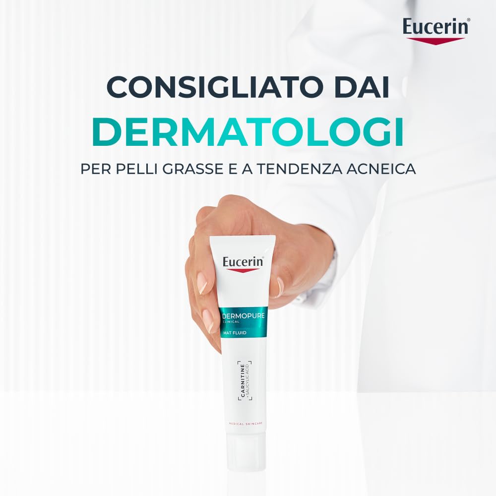 Eucerin DermoPure Clinical Fluido Opacizzante 40 ml, Crema opacizzante viso per 8h effetto mat, Crema viso pelle grassa e acneica con Acido Salicilico e Carnitina anti-imperfezioni e pori dilatati