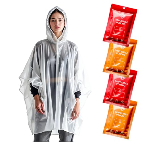 ZENO Disposable Rain Ponchos for Adults - Clear with Hood, Compact Emergency Ponchos for Hiking, Camping, Travel - Pack of 4 - Sunflare Edition