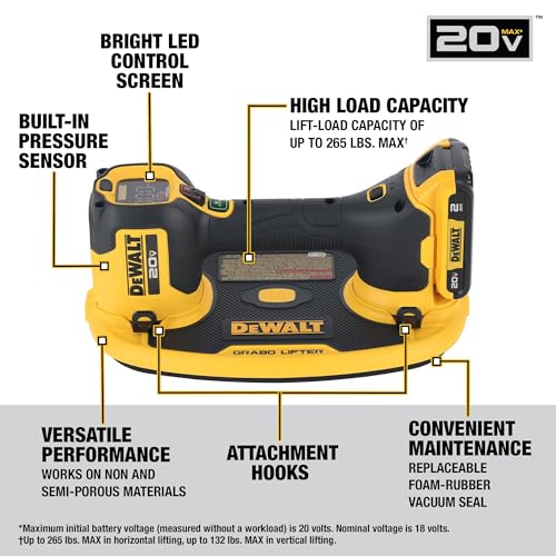 Image of DEWALT 20V MAX Cordless GRABO Suction Lifter Kit with Battery and Charger Included, Lift-load Capacity of Up to 265 lbs. (DCE592D1)