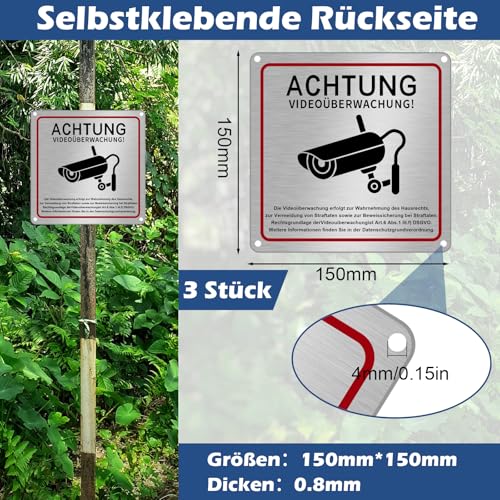 UXOIEPIO 3er Set Schild Videoüberwachung Privatgrundstück 15 x 15 cm aus Aluminium mit Klebeband - Hinweisschild Videoüberwachung inkl. DSGVO Hinweis, selbstklebend & vorgebohrt