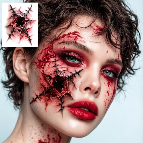 Image of 17 Sheets Scary Bloody Scar Tattoos Halloween Temporary Tattoos Face Stitch Wound Sticker, Realistic 3D Horrible Bite Scratch Fake Tattoos For Halloween Costume Vampire Zombie Makeup Party Accessories