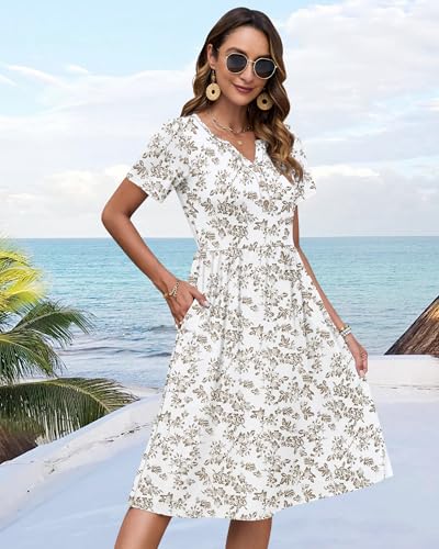 Image of WNEEDU Women V Neck Button Down Empire Waist Midi Summer Dress with Pockets