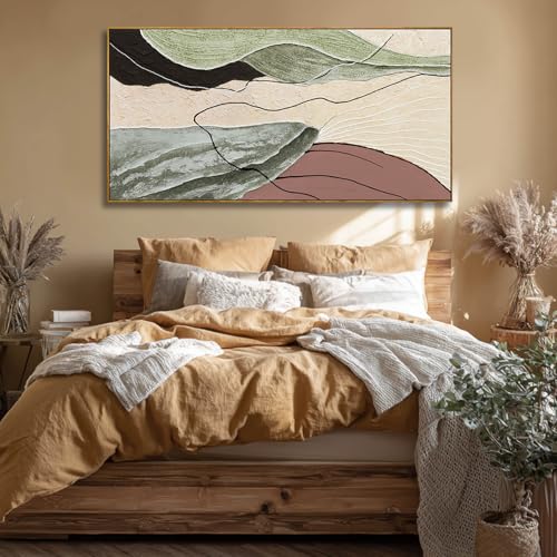Image of Large Framed Green And Beige Abstract Wall Art for Living Room,24x48 In Modern Canvas Prints Paintings,Brown Color Pictures for Living Room Dining Bedroom Hallway Office Wall Decor