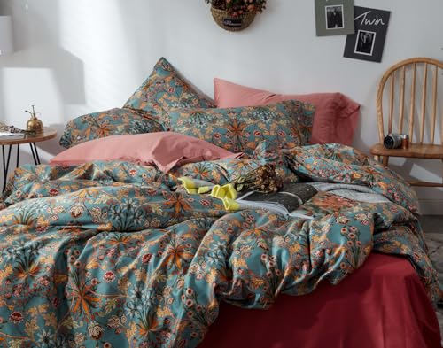 VM VOUGEMARKET Green Flower Duvet Cover Set Twin,Aesthetic Boho Bedding Set Percale Cotton Royal Floral Comforter Cover with Zipper Closure