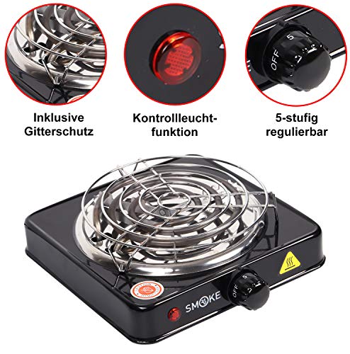 Turbo Power 1000 Watt elektrischer Kohleanzünder Blitzschnell, Kohlen Ofen, Kohle Anzünder mit Kohlegitter, Hotplate mit Edelstahl Heizspirale Stainless Steel | 5-Stufig mit Überhitzungsschutz