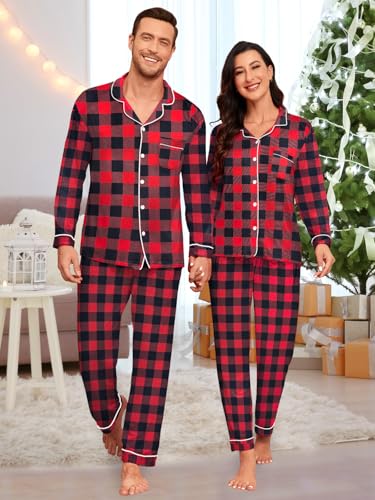 Matching Christmas Pajamas Couples Modal Pajama Set Long Sleeve Pjs Button Up Sleepwear Plaid Loungewear S-XXL4