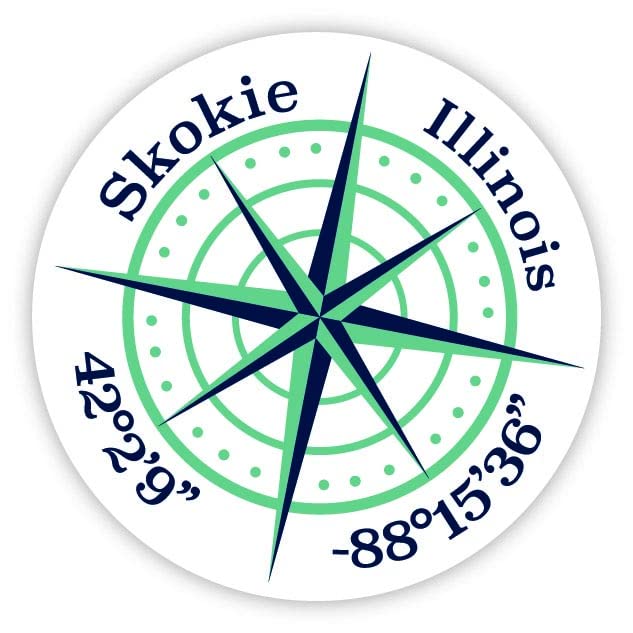 Skokie Illinois 2-Inch Vinyl Decal Sticker Latitude Longitude Compass Design