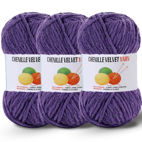 Image of 3 * 100g /3.5oz Fluffy Chenille Yarn for Crocheting, Chunky Velvet Yarn for Crochet Amigurumi, Used for Making Baby Yarns Blanket, Clothes, Pattern Knitting Creations (Lavender)