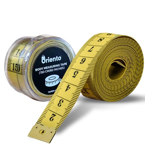 Oriento Maßband für Körper 150 cm/60 Zoll – Doppelseitiges Flexibles Körper Maßband zum Nähen, Basteln und für Gewichtsabnahme – Biegsames Schneidermaßband mit Zentimeter- und Zollangaben (Gelb)