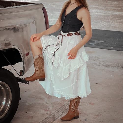 Womens Lace Trim Midi Skirts Elastic High Waist Asymmetrical Layered Hem Boho Flowy Party Long Skirt4