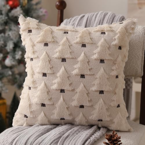 Image of Allorry Christmas Pillow Covers 16x16 inch Set of 2 Christmas Decorations Soft Plush Faux Fur Wool Beige Christmas Tree Throw Pillow Cases Winter Holiday Decor for Sofa Living Room PT-002C16