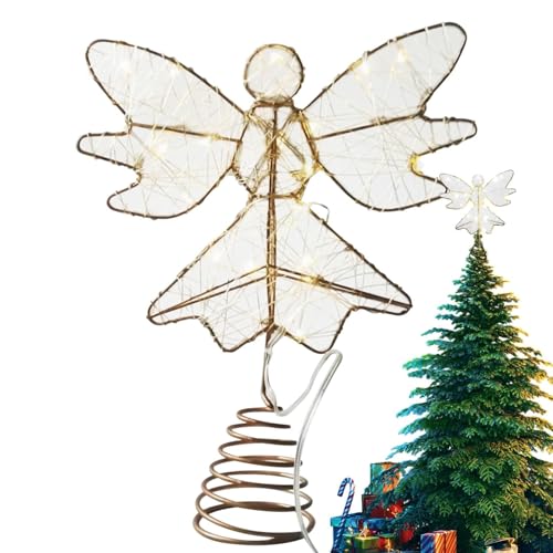 Sucritude Ángel Dorado para Árbol | Ángel Iluminado para Árbol De Navidad - Figuras Decorativas para Interiores Exteriores Dormitorio Jardín Balcón