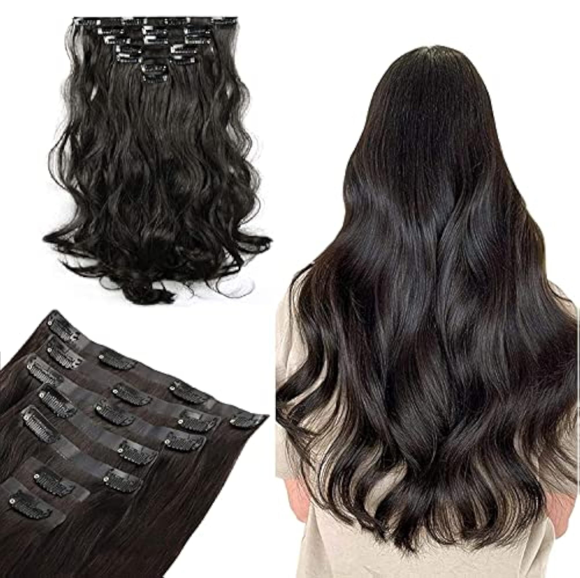 Women's Natural Black Curly/Wavy Hair Extensions, 24 Inch