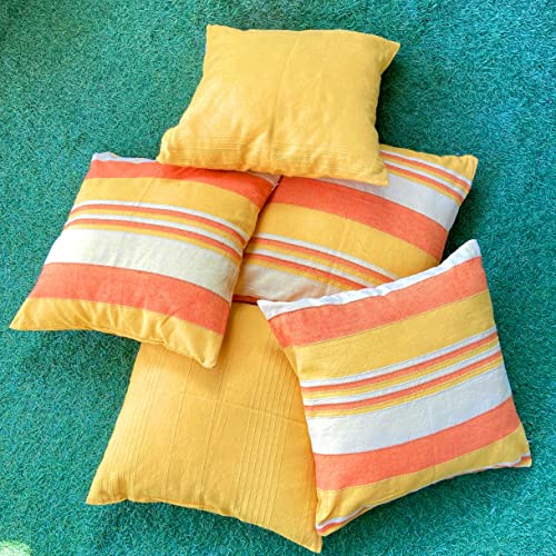 Image of RANGBHAR Handloom Cotton Cushion Covers with Concealed Top Zip, Striped /Solid Cushion Covers for Living Room, 16 x 16 inch, Yellow, Pack of 5, 220 TC