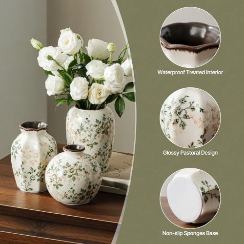 Image of Ceramic Flower Mini Vase for Decor | Vintage Small Green Rustic Vases, Farmhouse Room Decor Vase for Home, Coffee Table, Bookshelf, Centerpieces and Dinner Room, 3.8+4.6+4.7 inch Set of 3
