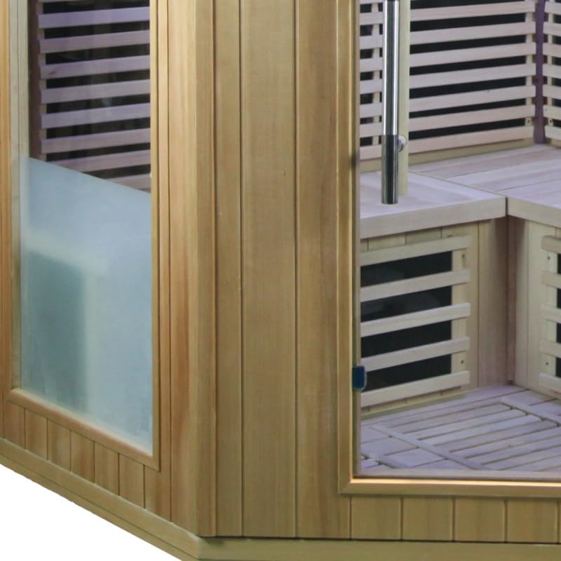 SNÖ Sauna Infrarouge d'angle 4 Places 2200W | Bois Hemlock Canadien, Panneaux Carbone, Chromothérapie, Bluetooth | 9 Émetteurs, Porte et Fenêtres en Verre Sécurisé, Ionisateur d'Oxygène