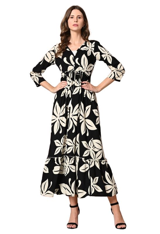Image of Daevish Women's New Rayon Printed Tie-up Waist V Neck Flared Maxi Dress | Women Flared Dress