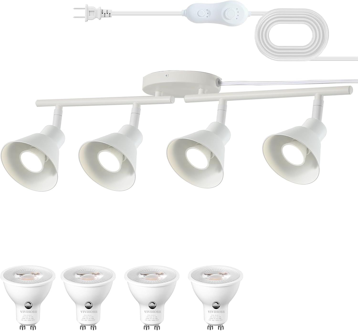 4 Light Plug in Track Lighting Kit,Modern Plug in Ceiling Light Fixture,16.4ft Cord,Timer & Dimming Switch,4 Way Ceiling Spot Lighting,Flexibly Rotatable Light Head (White)