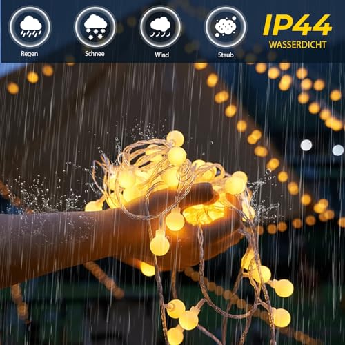 Lichterkette Außen Innen - 15M 100 LED Kugel Lichterkette, Outdoor Strom Lichterketten mit 8 Modi IP44 Wasserdicht, Ideal für Kinderzimmer, Gartenbeleuchtung, Partybeleuchtung, Terassen Balkon Deko