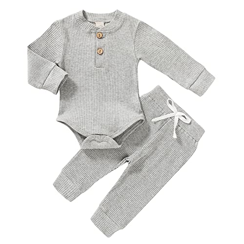Image of SEVEN YOUNG Newborn Baby Boy Girl Clothes Long Sleeve Knitted Cotton Romper Drawstring Pants Unisex Baby Fall Winter Outfits
