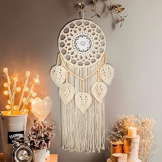 Nice Dream Makramowy łapacz snów, duży łapacz snów do sypialni, boho, dekoracja ścienna z 5 tkanymi liśćmi, drewniane koraliki, frędzle, dekoracja domu, ozdoba