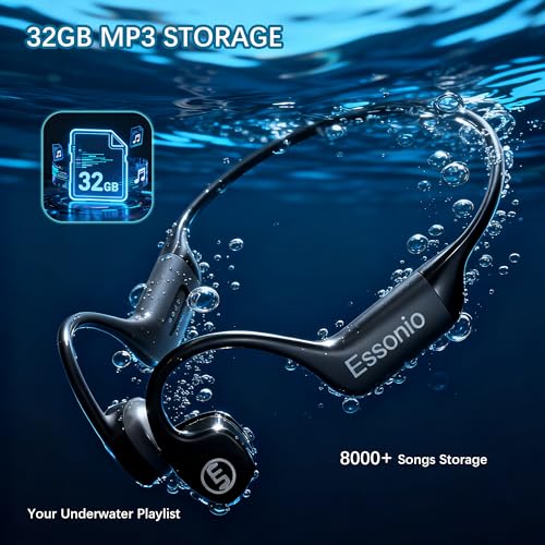 Image of Bone Conduction Headphones IP68 Waterproof Swimming Headphones with Mic Bluetooth Open Ear Earbuds with MP3 Mode 32GB Memory Deep Bass Secure Fit for Running, Cycling and Fitness, Black