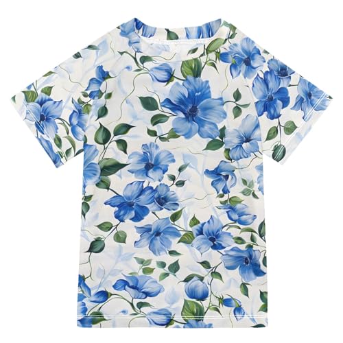 ALAZA Boys Swim Shirts Toddler Rash Guard Short Sleeve Rashguard Blue Flowers UPF 50+ 11-12T
