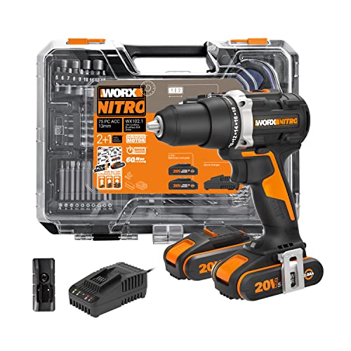WORX NITRO 18 V (20 V MAX) Perceuse-visseuse sans fil WX102.1, PowerShare, Brushless, 60 Nm, Variateur 2 Vitesses, Levier de Position 18+1, Éclairage LED,...