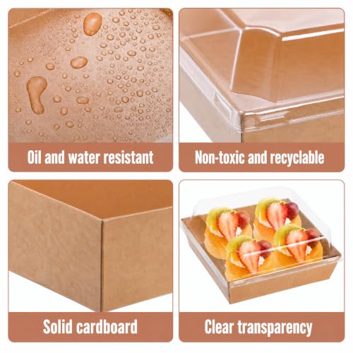 Image of Hiceeden 100 Pack Charcuterie Boxes with Clear Lids, 5.4 inchx5 inchx2.5 inch Paper Bakery Dessert Sandwich Box, Disposable Square Food Containers for Cookies, Donuts, Muffins, Salad, and Pastry, Brown