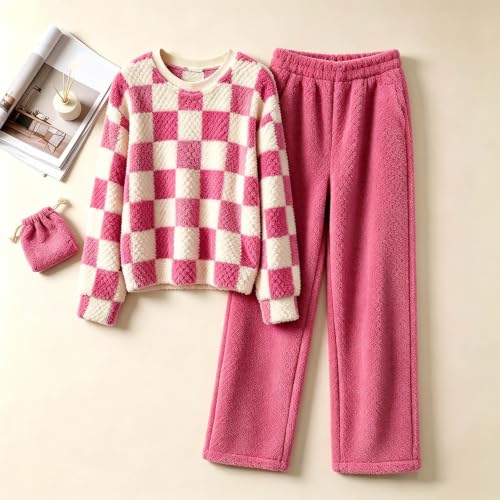 Flannel Pajamas for Women 2 Piece Plaid Crewneck Top Wide Leg Home Pants - image 4