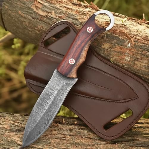 POLO CRAFT Custom Handmade Fixed Blade Hunting Knife - 9 Inch hand Forged Full Tang Knives For Hunting, Outdoor Camping, Hiking, Fishing, Bushcraft Knives With Leather Sheath. (Damascus - 1)