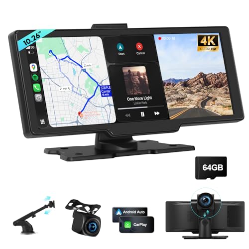 Portable Apple CarPlay Screen for Car, 10.26“ Wireless CarPlay & Android Auto Touch Screen Voice Control Navigation, 4K Dash Cam & 1080P Backup Camera DVR Recording Plug & Play for Car Truck