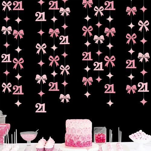Image of Glitter Pink 21st Bow Birthday Decorations Hot Pink Conquette Bow Garland Streamer Banner Backdrop for Girls Happy 21st Birthday Finally Legal Cheers to 21 Years Old Anniversary Party Supplies