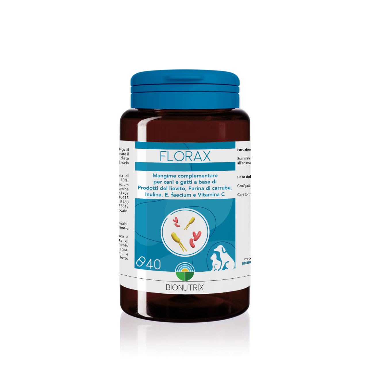 FLORAX | Probiotico per Cane e Gatto | 40 CPR Appetibili | Alto Dosaggio | Integratore Alimentare | Ripristino Flora Intestinale | MOS, E.faecium, Farina di Carrube, Inulina e Vitamina C | BioNutrix ®