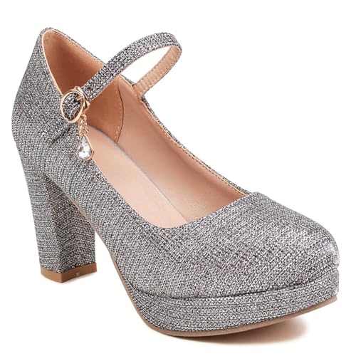 Women's Glitter Platform Chunky High Heels Pumps Shoes Round Toe Mary Jane Wedding Party Dress Shoe